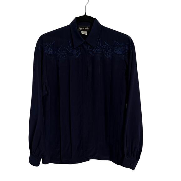 Pierre Cardin Women's 6 Embroidered Floral 100% Silk Pintuck Button Navy Blouse - Picture 1 of 7